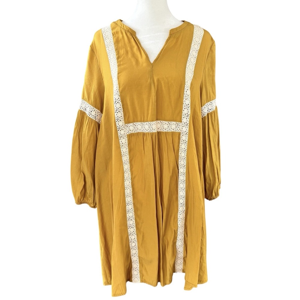 Umgee Boho Mustard Yellow Babydoll Laceβ Mini Dress Womens L Hippie Cottage Core